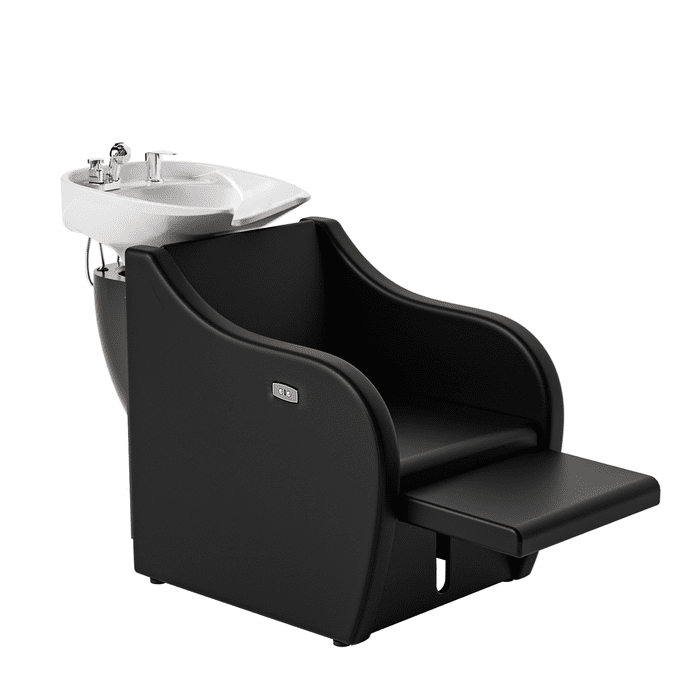 OmySalon BU1211 Electric Shampoo Bowl and Chair Backwash Unit with Reclining Legrest & Tilting Porcelain Shampoo Sink -  G59000381+G59000382+G59000383