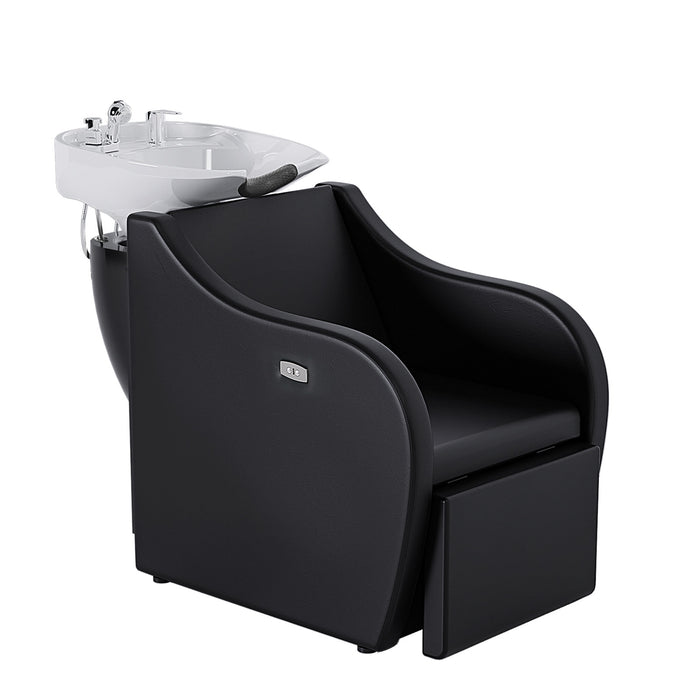 OmySalon BU1211 Electric Shampoo Bowl and Chair Backwash Unit with Reclining Legrest & Tilting Porcelain Shampoo Sink -  G59000381+G59000382+G59000383