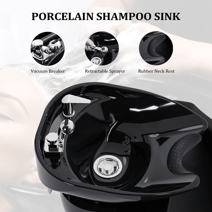 OmySalon BU1211 Electric Shampoo Bowl and Chair Backwash Unit with Reclining Legrest & Tilting Porcelain Shampoo Sink -  G59000381+G59000382+G59000383