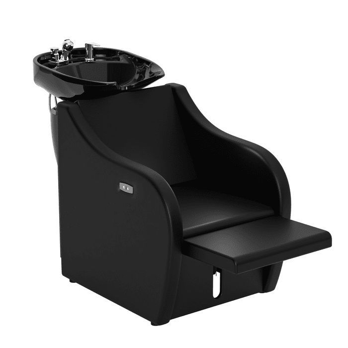 OmySalon BU1211 Electric Shampoo Bowl and Chair Backwash Unit with Reclining Legrest & Tilting Porcelain Shampoo Sink -  G59000381+G59000382+G59000383