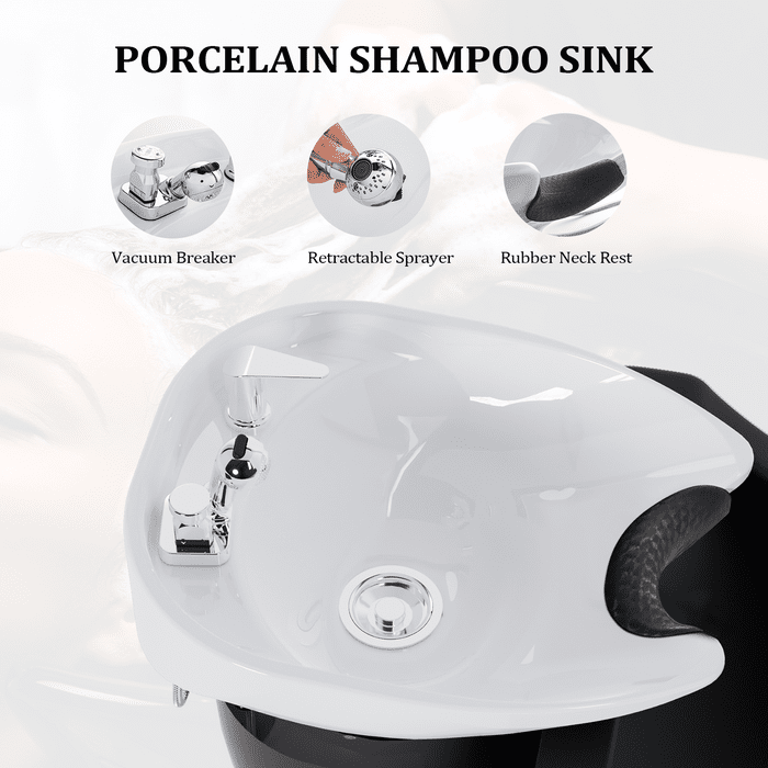 OmySalon BU1211 Electric Shampoo Bowl and Chair Backwash Unit with Reclining Legrest & Tilting Porcelain Shampoo Sink -  G59000381+G59000382+G59000383