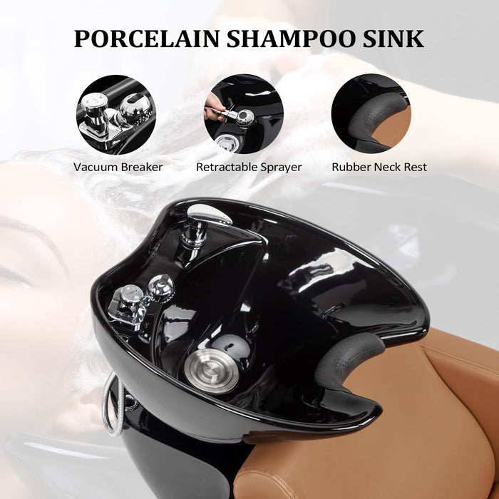 OmySalon BU1401 Salon Shampoo Bowl and Chair Backwash Unit with Extra Wide Seat &amp; Porcelain Hair Washing Sink -G59000546+G59000547+G59000548