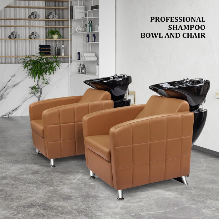 OmySalon BU1401 Salon Shampoo Bowl and Chair Backwash Unit with Extra Wide Seat &amp; Porcelain Hair Washing Sink -G59000546+G59000547+G59000548