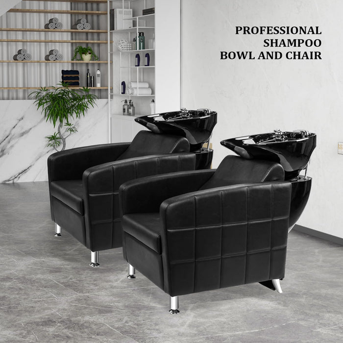 OmySalon BU1401 Salon Shampoo Bowl and Chair Backwash Unit with Extra Wide Seat &amp; Porcelain Hair Washing Sink -G59000546+G59000547+G59000548